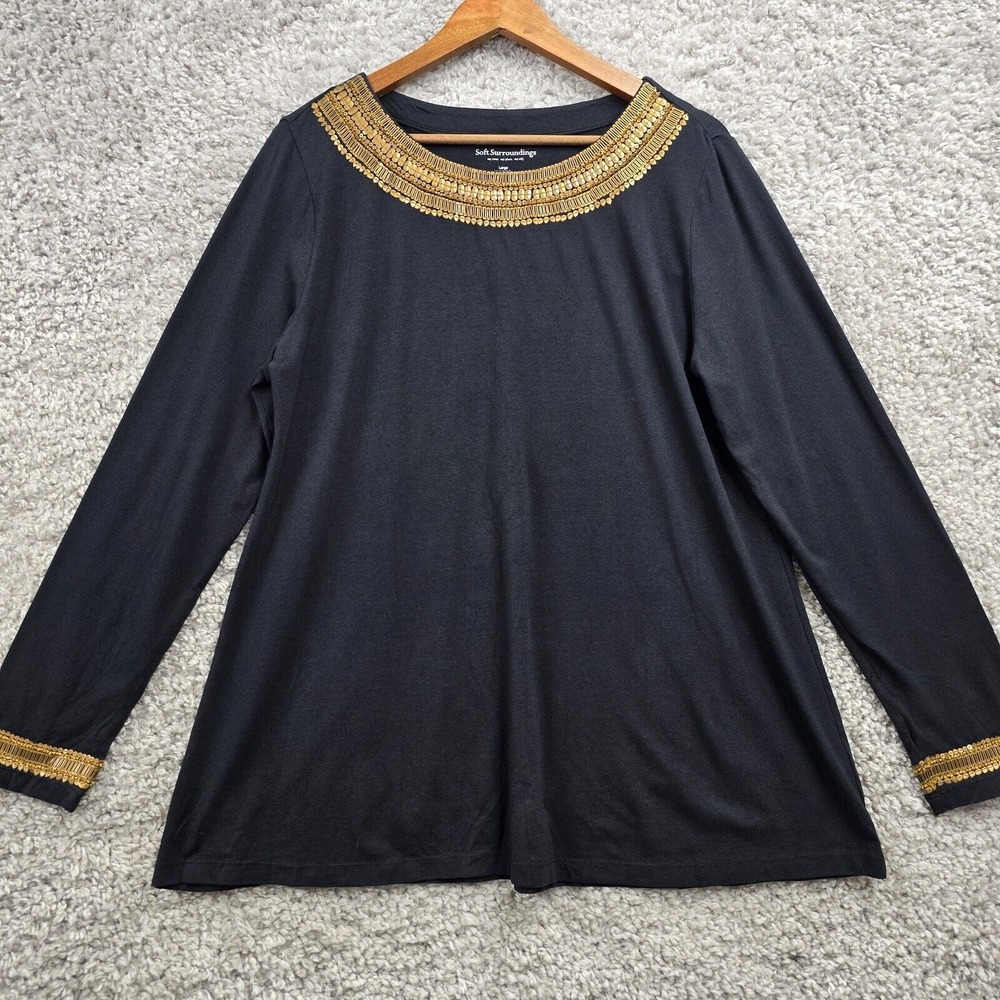 Soft Surroundings Goddess Top Womens Large Black Gold Beaded Boho Glam